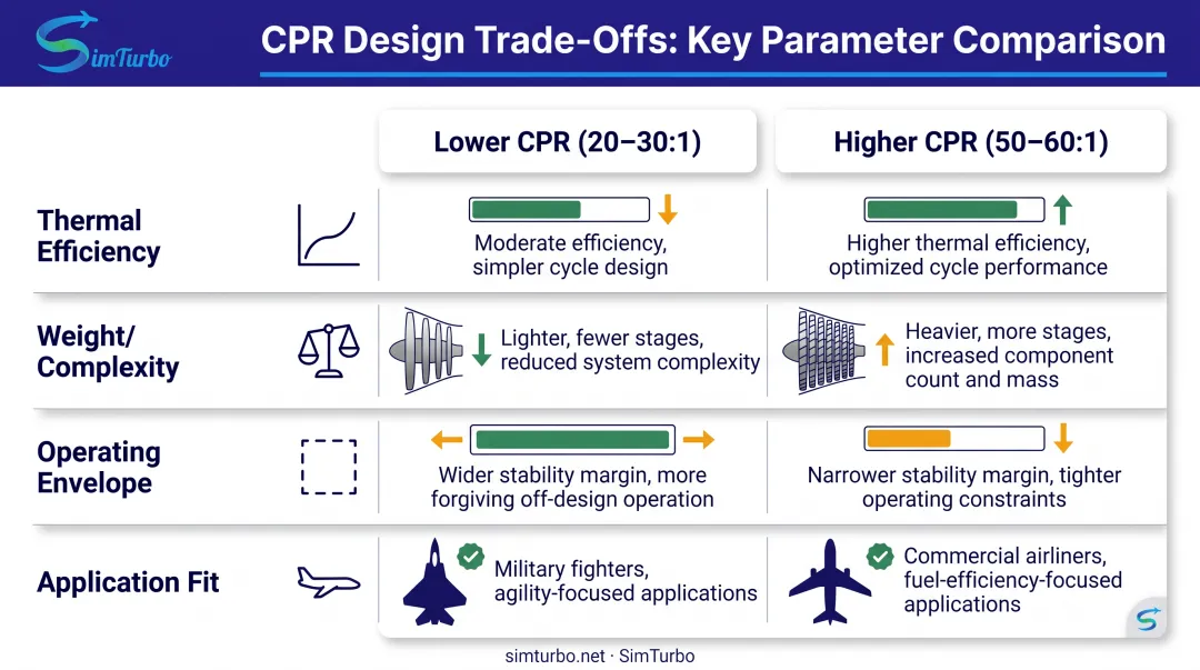 CPR design trade-offs comparison chart showing efficiency weight complexity and operating range factors