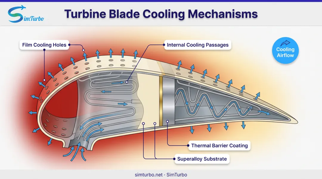 Turbine blade cooling system diagram showing internal passages and film cooling technology