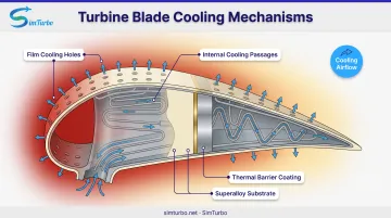 Turbine blade cooling system diagram showing internal passages and film cooling technology