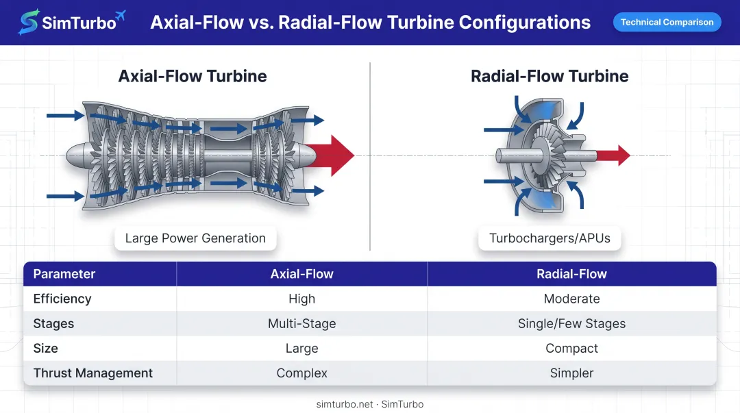 Axial versus radial flow turbine configuration comparison showing flow paths and thrust characteristics
