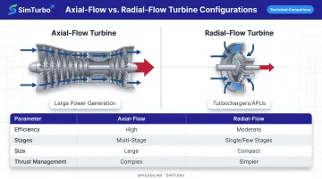Axial versus radial flow turbine configuration comparison showing flow paths and thrust characteristics
