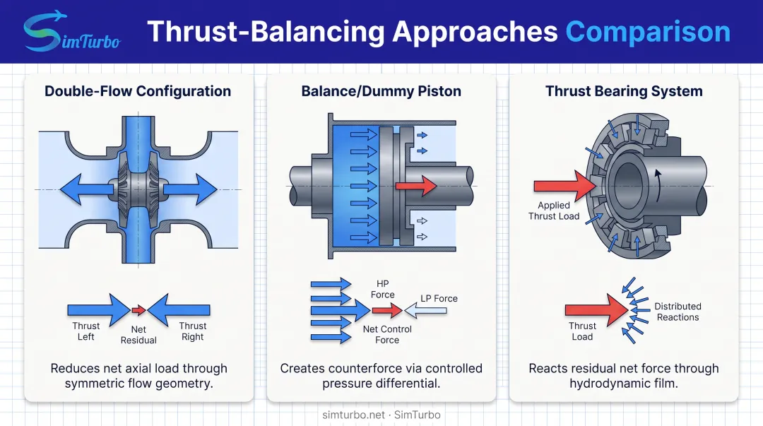 Three thrust balancing design techniques comparison showing double-flow balance piston and bearing systems