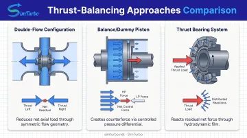 Three thrust balancing design techniques comparison showing double-flow balance piston and bearing systems