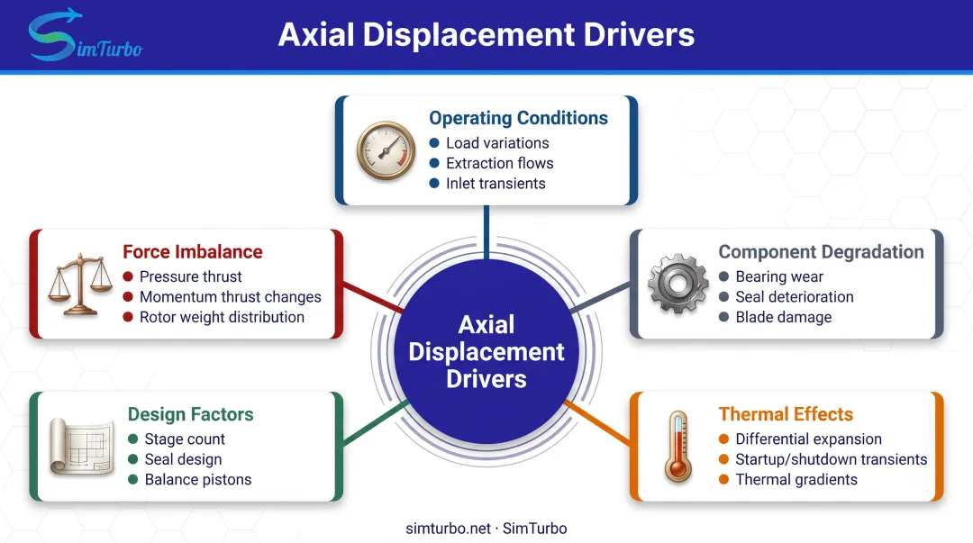 Five-factor axial displacement causes breakdown showing operating thermal and design contributors