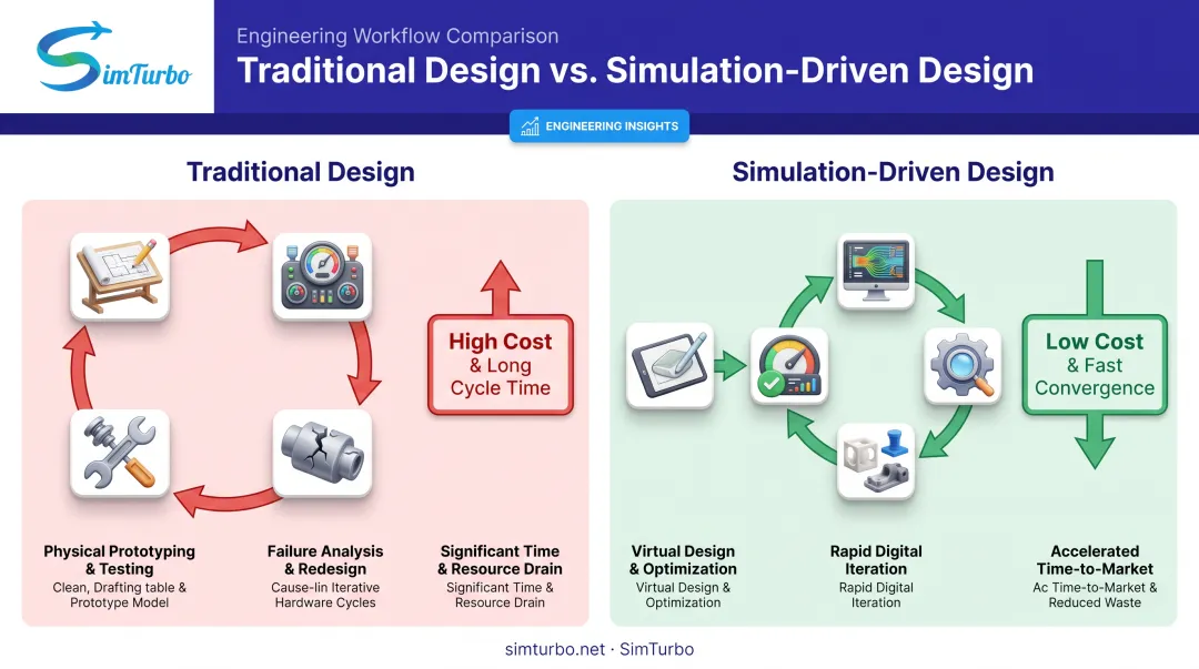 Traditional design versus simulation-driven design workflow comparison diagram
