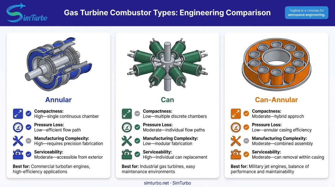 Three gas turbine combustor architecture types comparison chart with characteristics