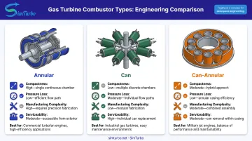 Three gas turbine combustor architecture types comparison chart with characteristics