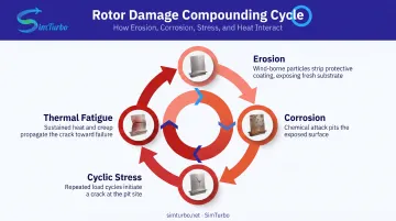 Compounding rotor damage mechanisms from erosion corrosion and fatigue cracking
