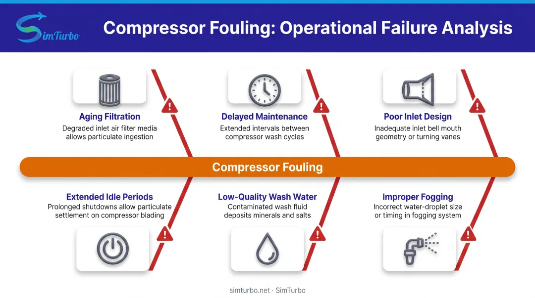 Six operational and design failures leading to compressor fouling with cause-effect flow