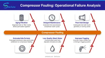 Six operational and design failures leading to compressor fouling with cause-effect flow