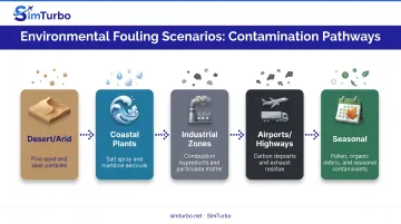 Five primary environmental scenarios causing gas turbine compressor blade fouling with icons