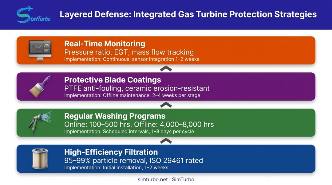 Four-layer compressor fouling prevention strategy from filtration to monitoring with implementation timing