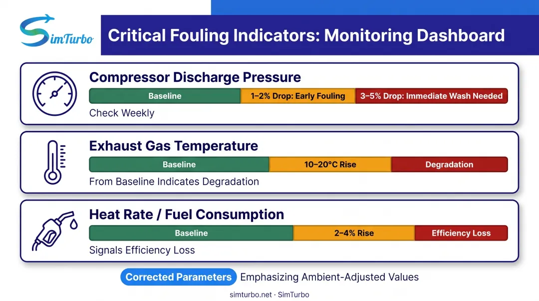 Three key warning indicators of imminent compressor fouling with threshold values and monitoring frequency