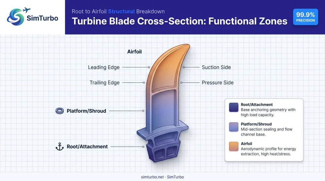 Turbine blade anatomy diagram showing root platform and airfoil zones