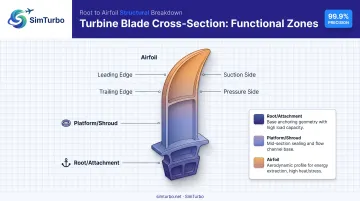 Turbine blade anatomy diagram showing root platform and airfoil zones