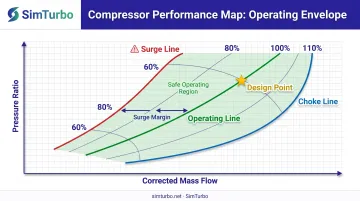 Gas turbine operating envelope map showing surge line choke line and matching line boundaries