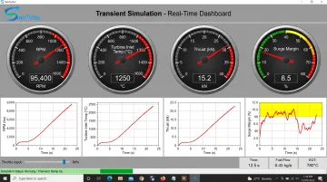 SimTurbo real-time transient engine simulation dashboard interface on PC