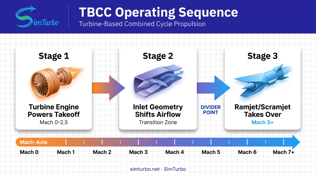 TBCC engine mode transition sequence from turbine to scramjet flight