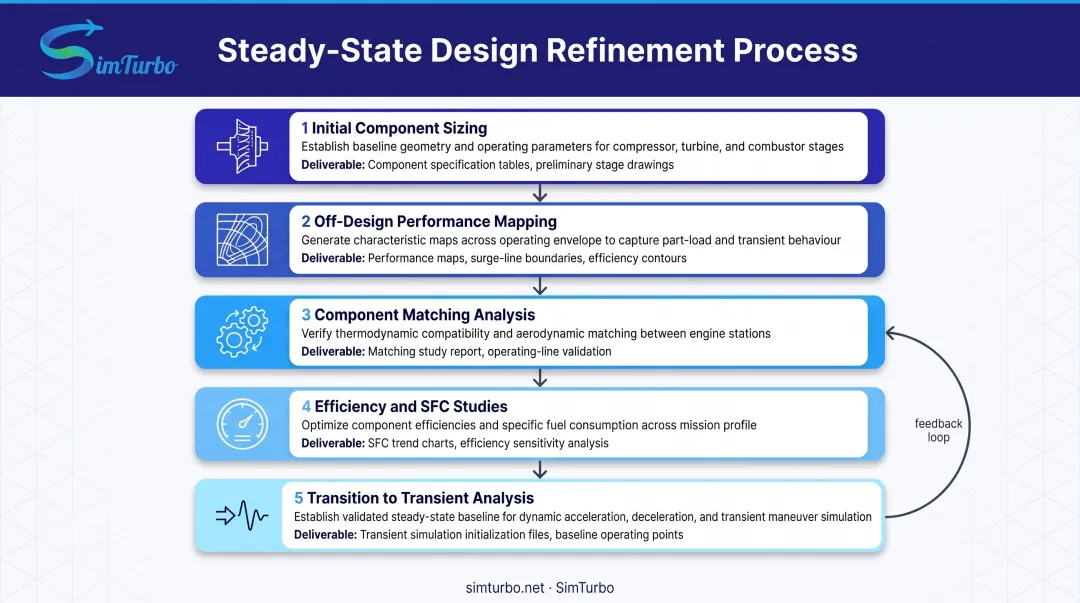 Five-stage iterative steady state design workflow from sizing to transient transition