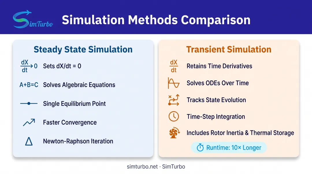 Steady state versus transient simulation comparison showing mathematical approach and computational requirements