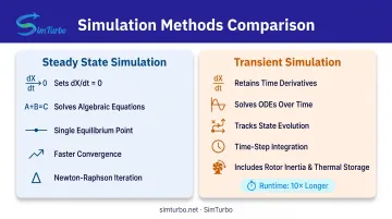 Steady state versus transient simulation comparison showing mathematical approach and computational requirements