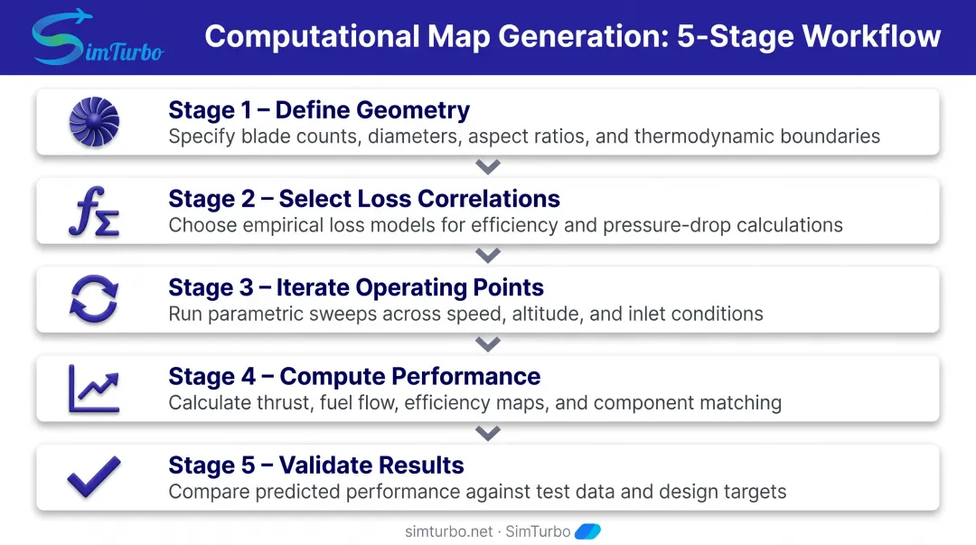 5-step computational compressor map generation workflow from geometry definition to validation