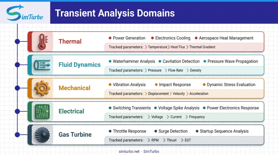 Five domain-specific transient analysis types with applications and key parameters tracked