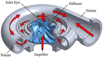 Centrifugal compressor cutaway showing impeller blades diffuser and radial flow path
