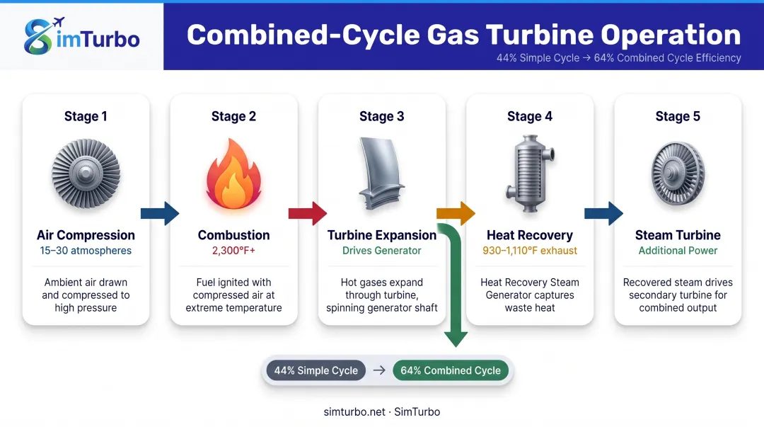 Combined-cycle gas turbine power generation process flow from compression through steam generation