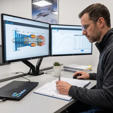 Engineer reviewing a jet engine simulation model