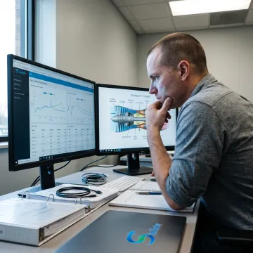 Engineer reviewing gas turbine performance simulation results