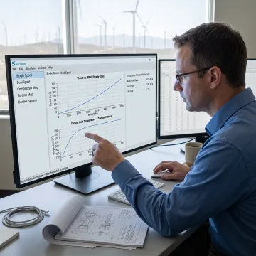 Engineer reviewing wind turbine performance simulation