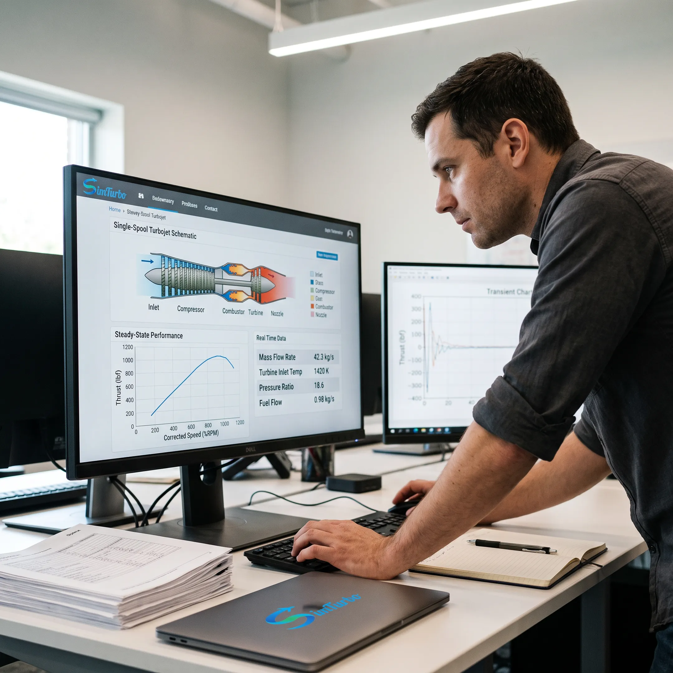 Engineer reviewing a gas turbine simulation model