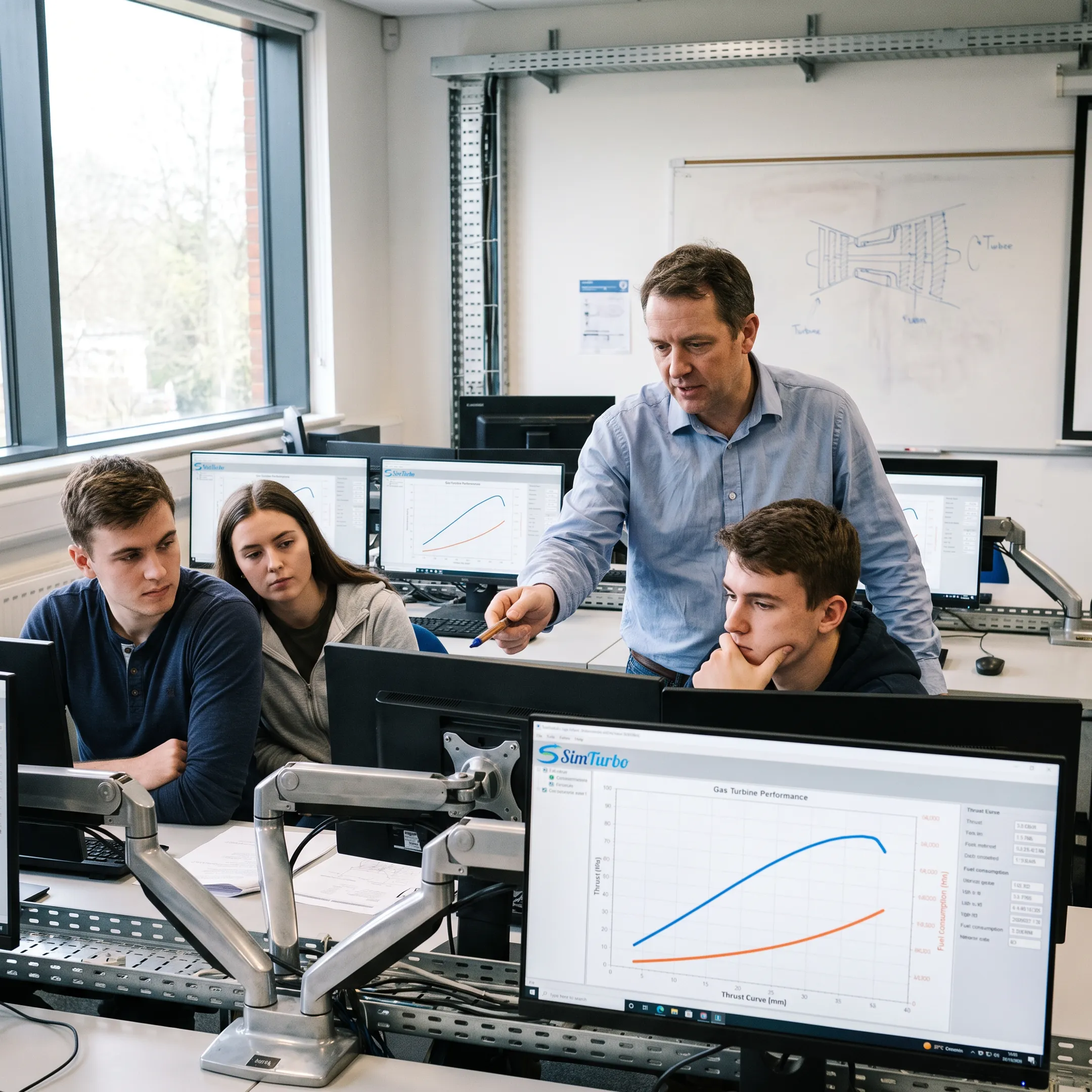 Engineering students reviewing a gas turbine simulation
