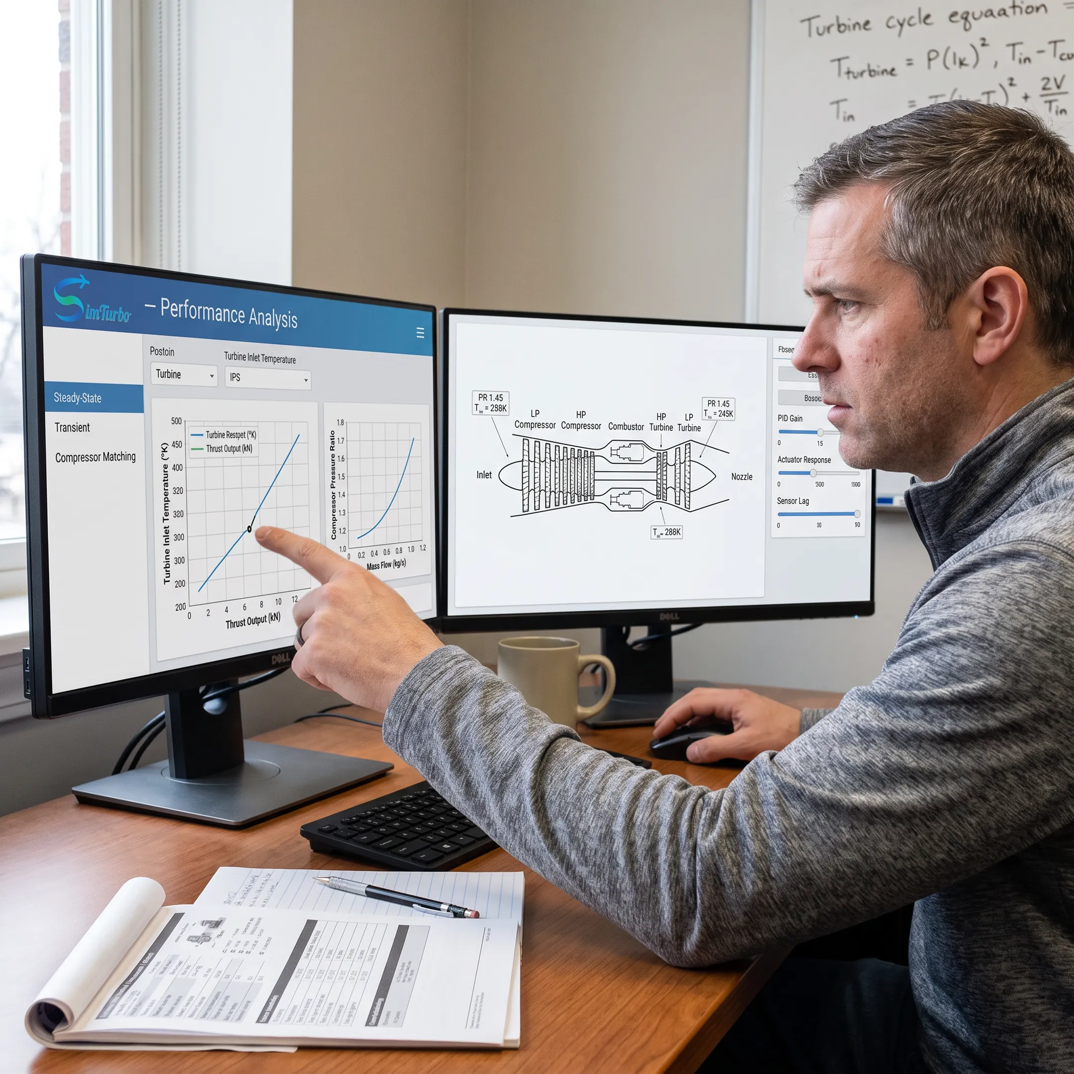 Engineer reviewing a gas turbine simulation model
