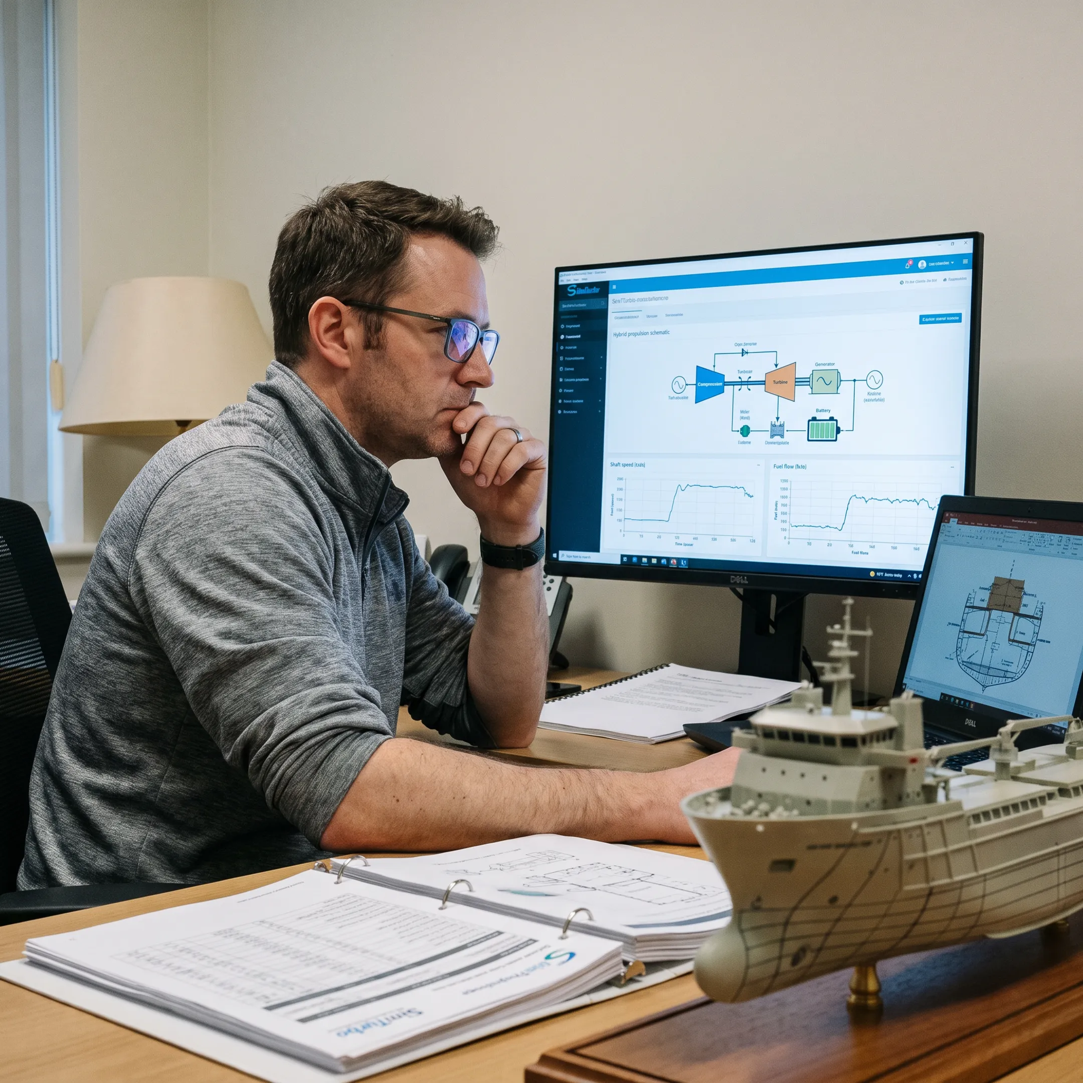 Engineer reviewing a hybrid ship propulsion simulation
