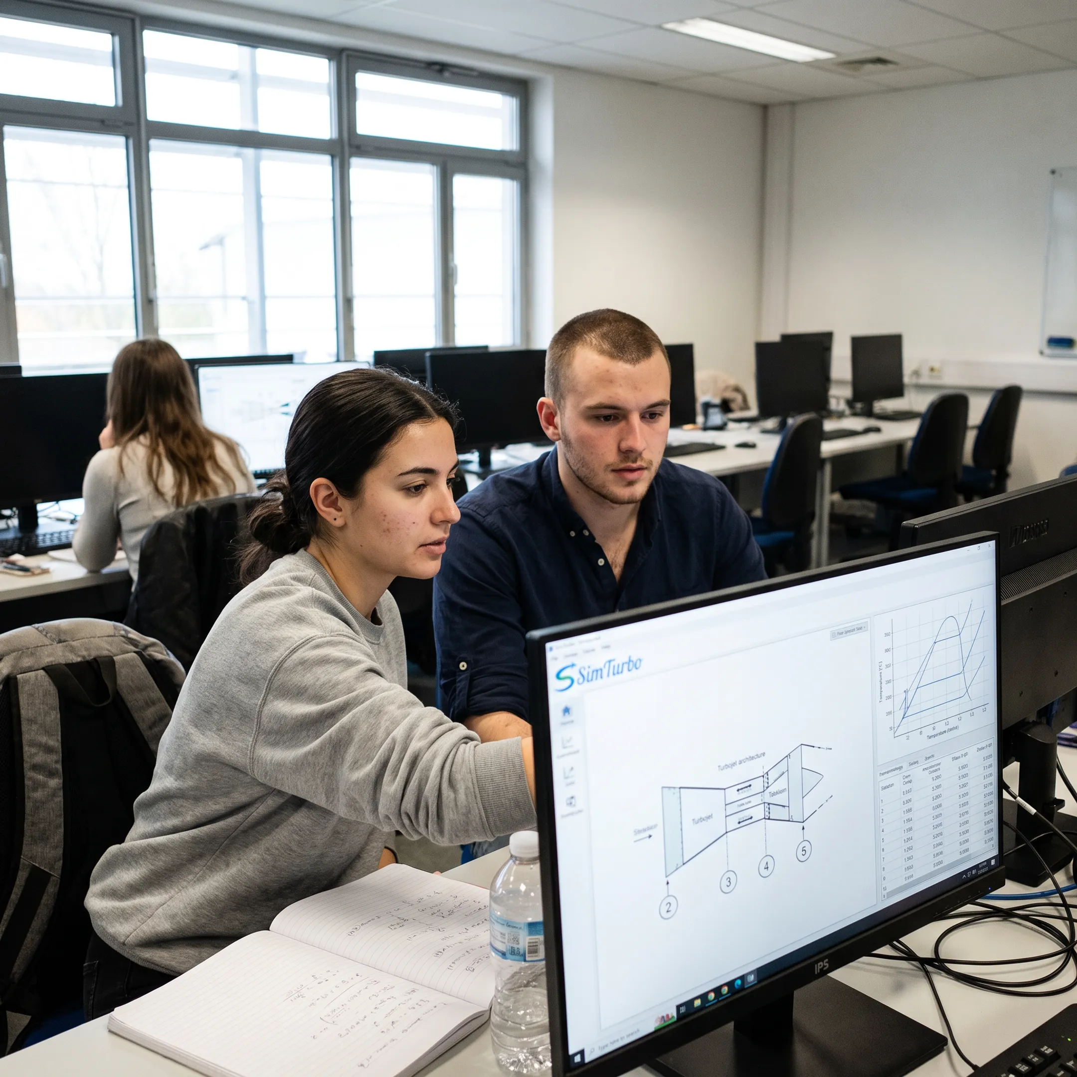 Engineering students using gas turbine simulation software