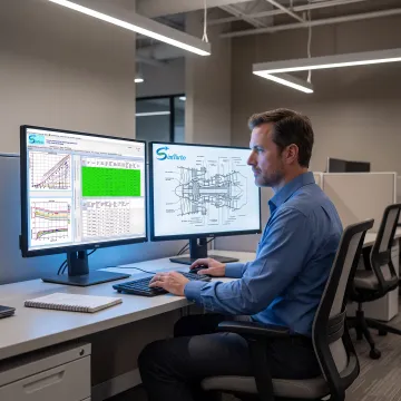 Engineer reviewing aircraft turbine engine performance data