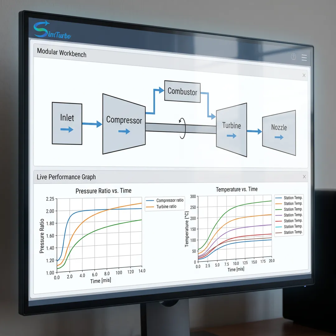 Gas turbine model with live performance graphs