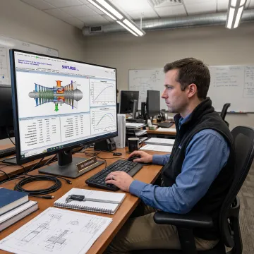 Engineer reviewing an axial turbine simulation model