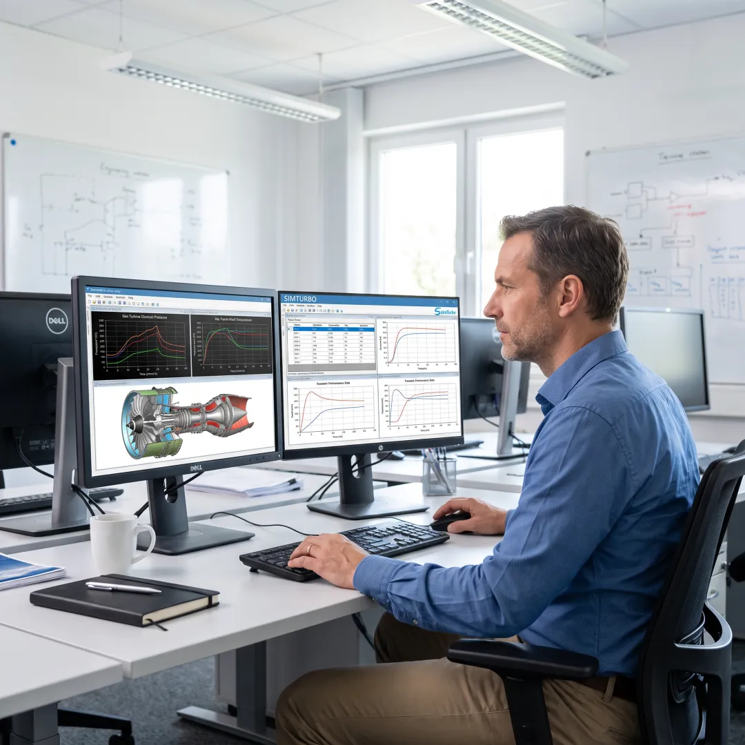 Engineer reviewing gas turbine control simulation