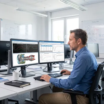 Engineer reviewing gas turbine control simulation