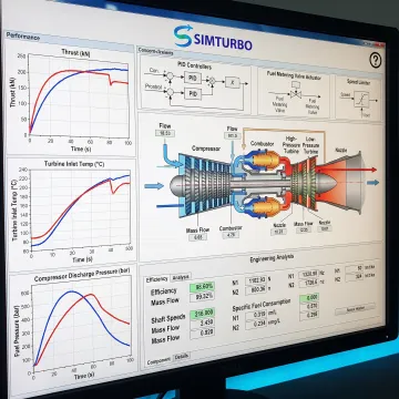 Gas turbine simulation dashboard with performance charts