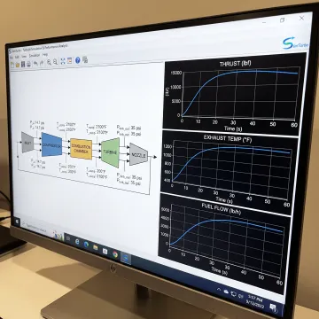 Gas turbine simulation dashboard with performance graphs