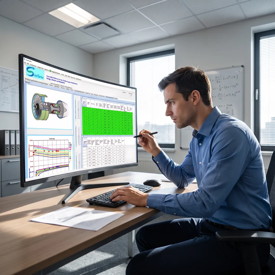 Engineer reviewing a digital gas turbine engine model