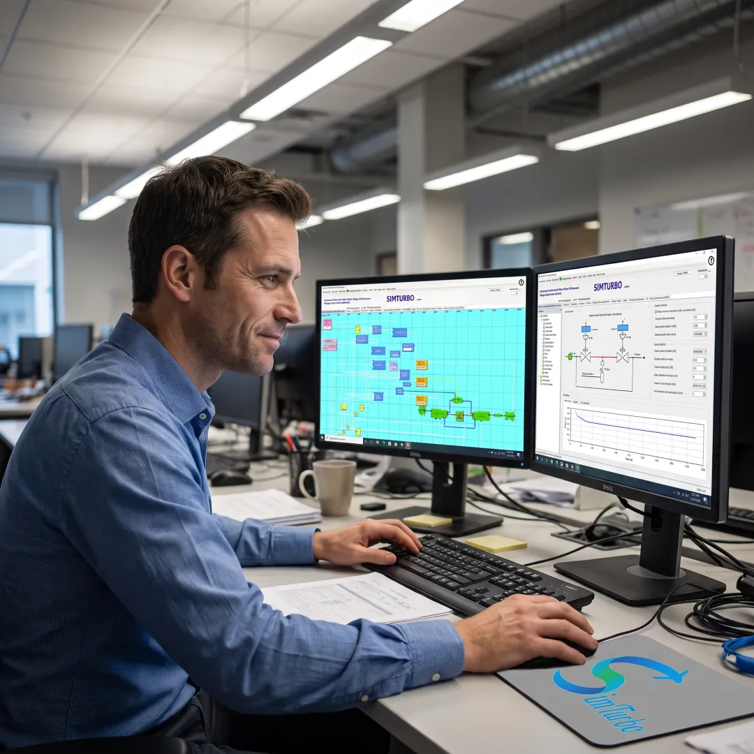 Engineer reviewing valve flow simulation data