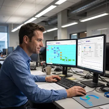 Engineer reviewing valve flow simulation data