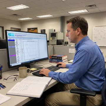 Engineer reviewing gas turbine cogeneration simulation