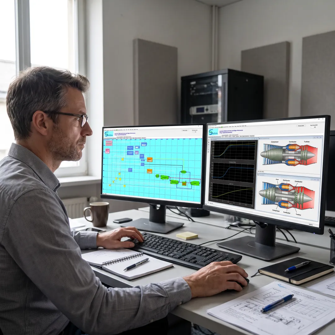 Engineer reviewing a virtual gas turbine model