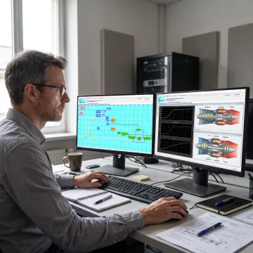 Engineer reviewing a virtual gas turbine model